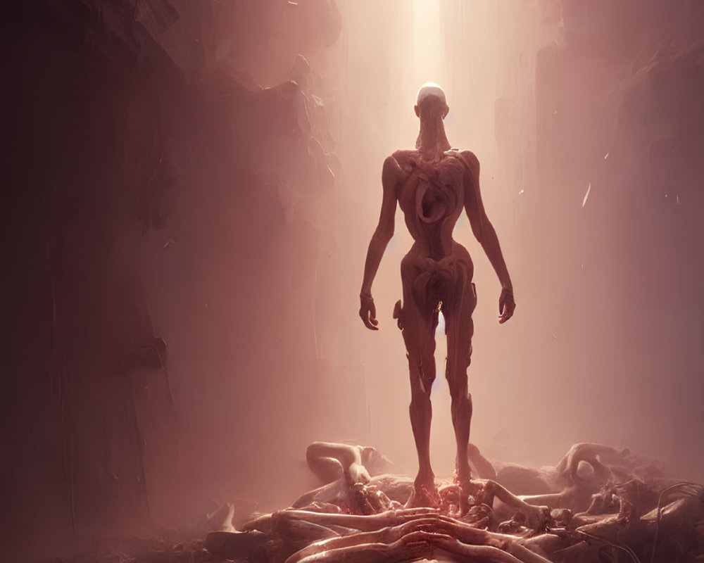 Ethereal light illuminates lone figure among bodies