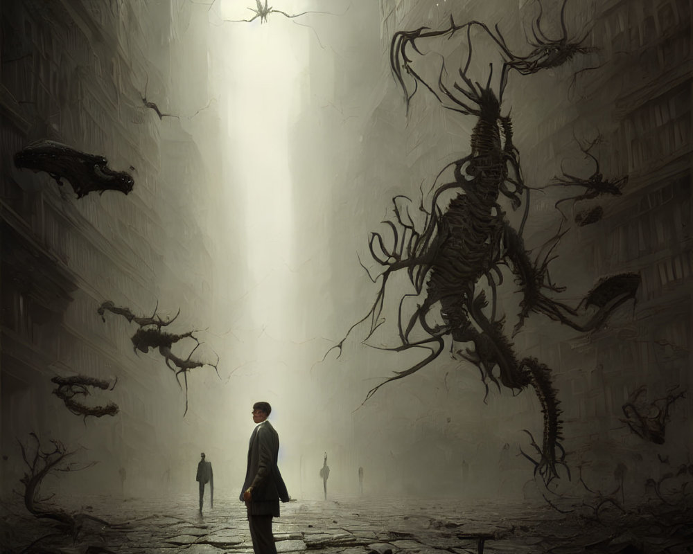 Man in suit surrounded by towering creatures in desolate city street under gloomy sky