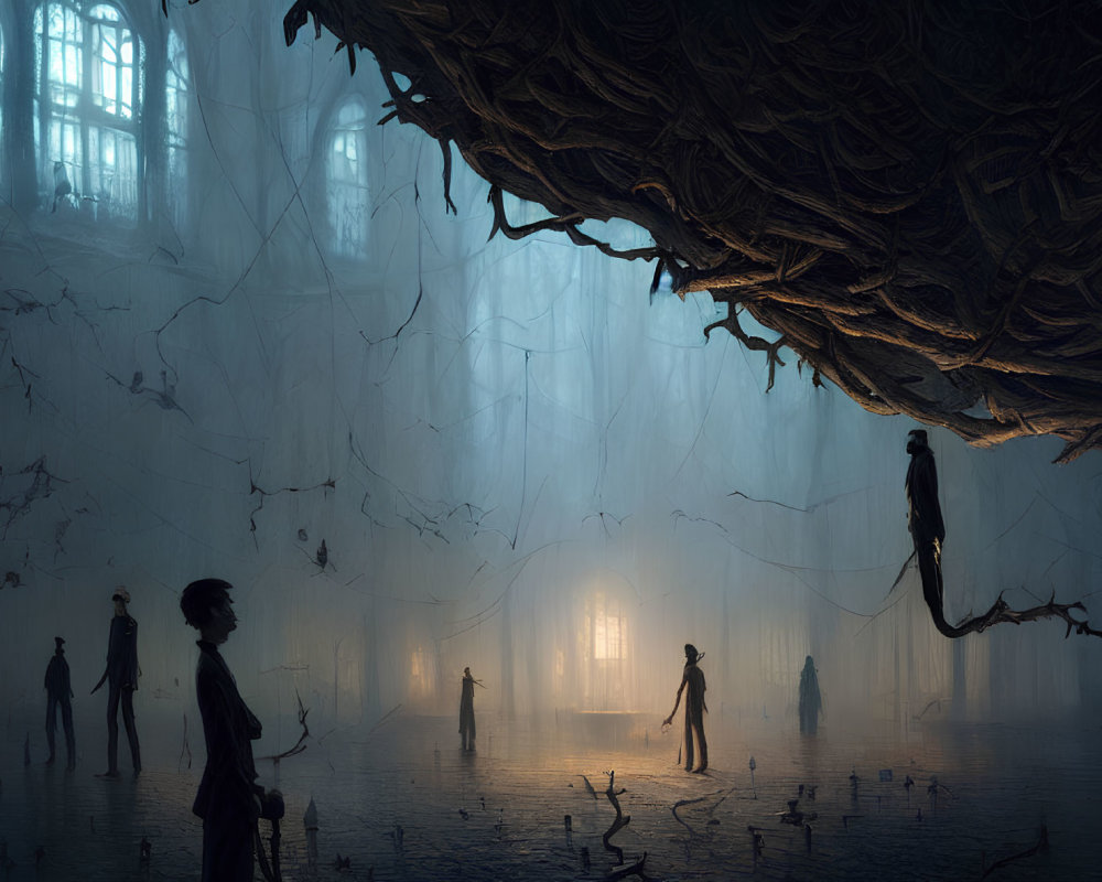 Mystical forest scene with ethereal figures among towering trees