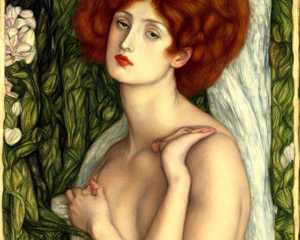 Pre-Raphaelite Style Painting: Red-Haired Woman Amid Green Foliage