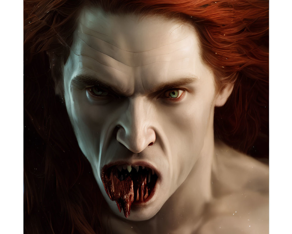 Fierce vampire with green eyes, fangs, and red hair on starry background