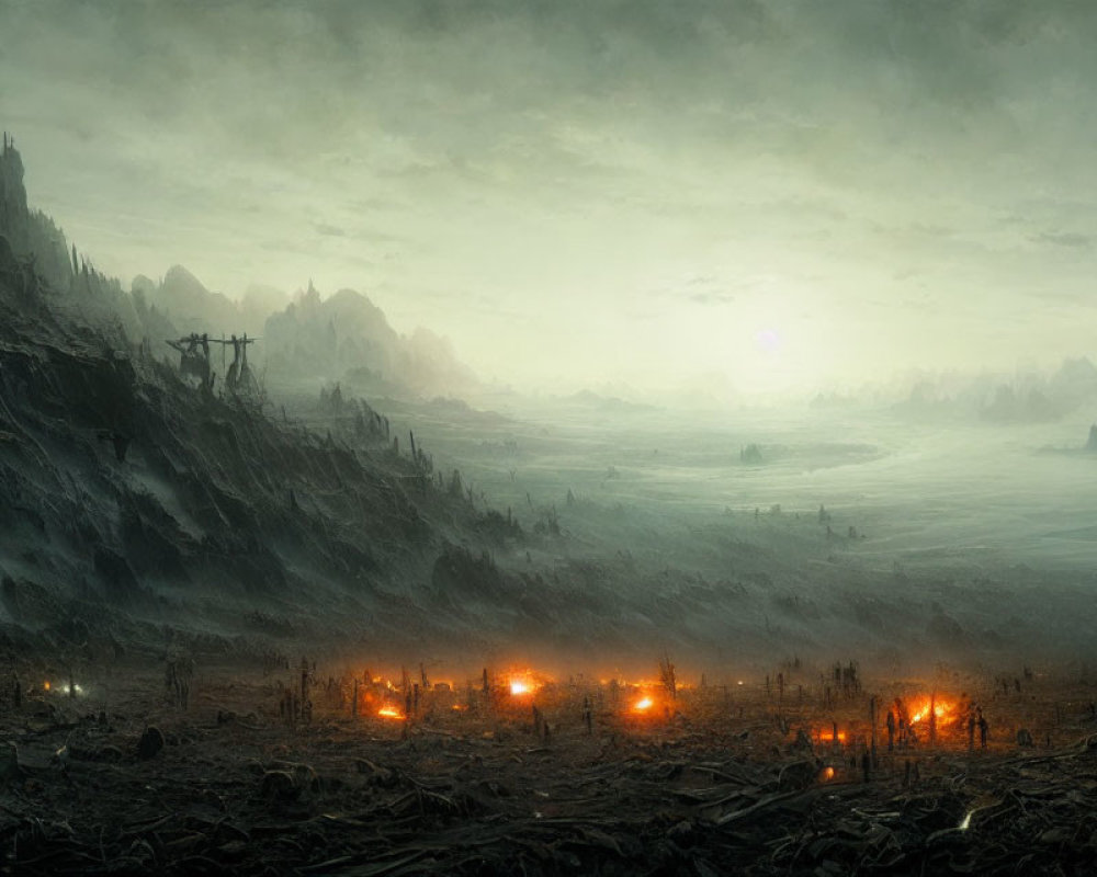 Desolate landscape with smoky skies, fires, dark figures, and cliffs