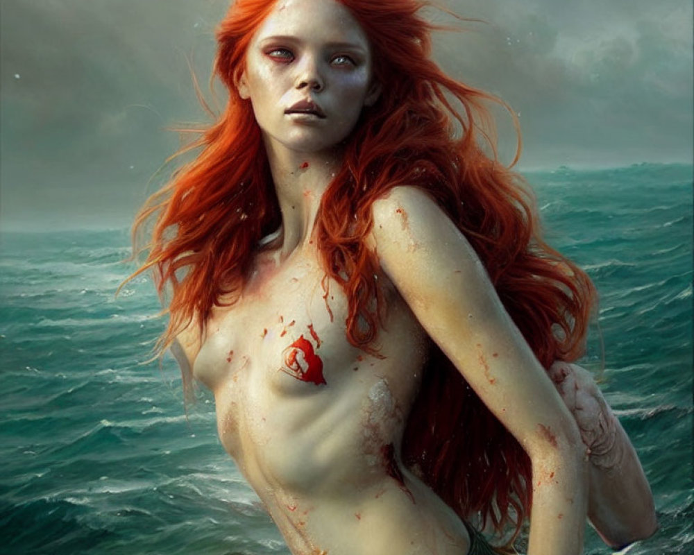 Mermaid digital art: Vibrant red hair and tail, scarred torso in tumultuous sea