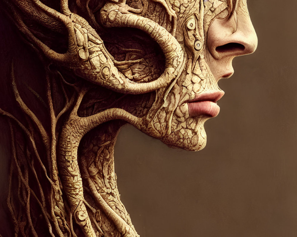 Nature-inspired humanoid face with tree bark textures and intertwining roots.