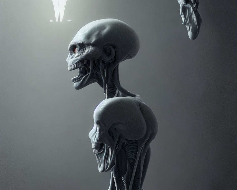 Digital artwork: Stylized skeletal figures with elongated skulls on grey backdrop.