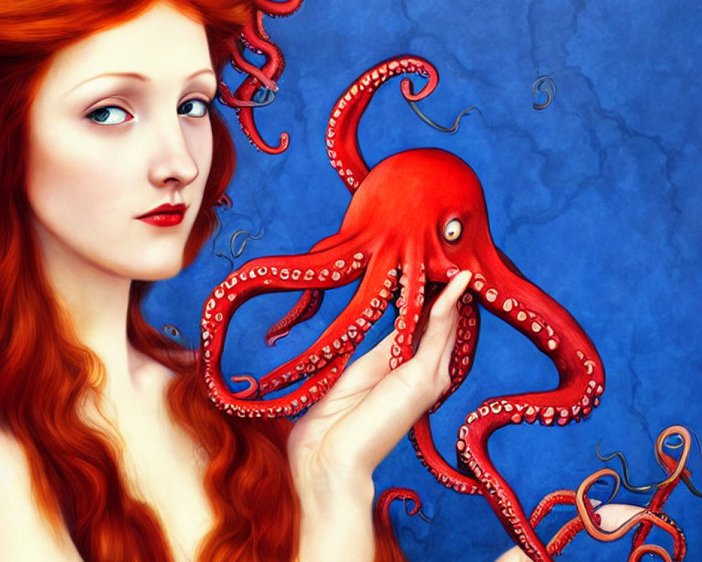 Red-haired woman holding red octopus on blue backdrop