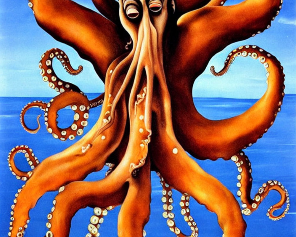 Surreal painting of humanoid figure with octopus head on blue background