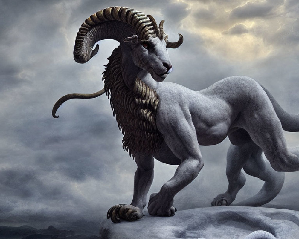 Mythical lion-bodied creature with ram head and horns on cliff under stormy sky