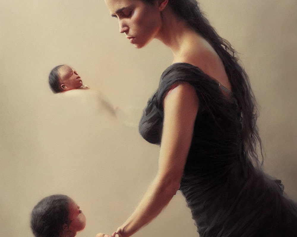 Surreal painting featuring woman in black dress holding hands with baby