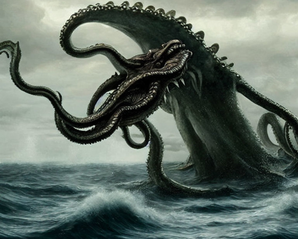 Enormous octopus-like creature in stormy ocean scene