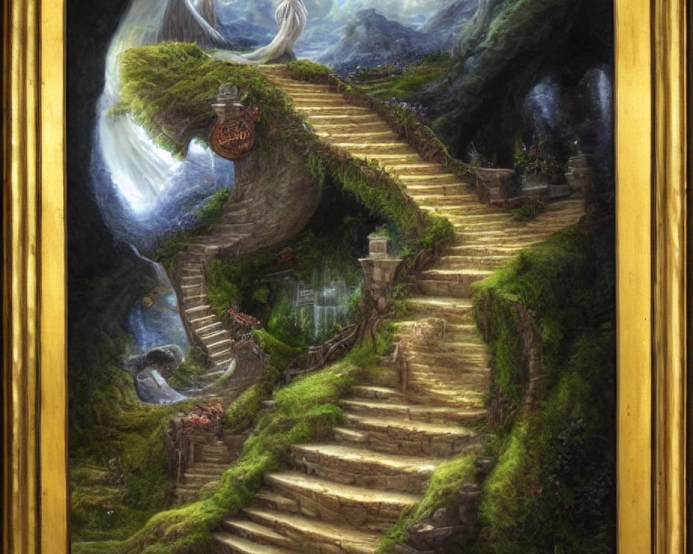 Mystical staircase ascending through lush greenery to swirling sky portal