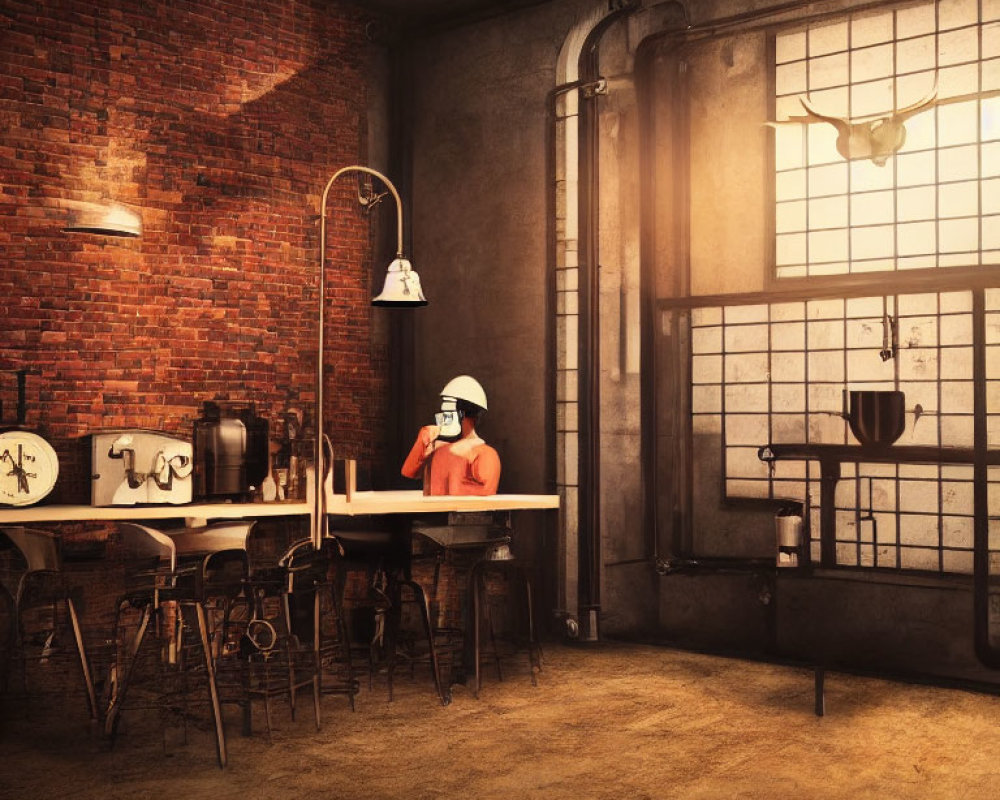 Person in white hard hat at table in vintage industrial room