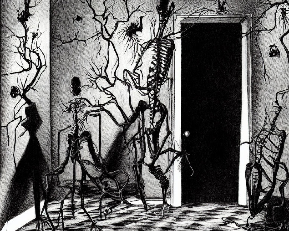 Dark, eerie room with dancing skeletal figures and shadowy creatures