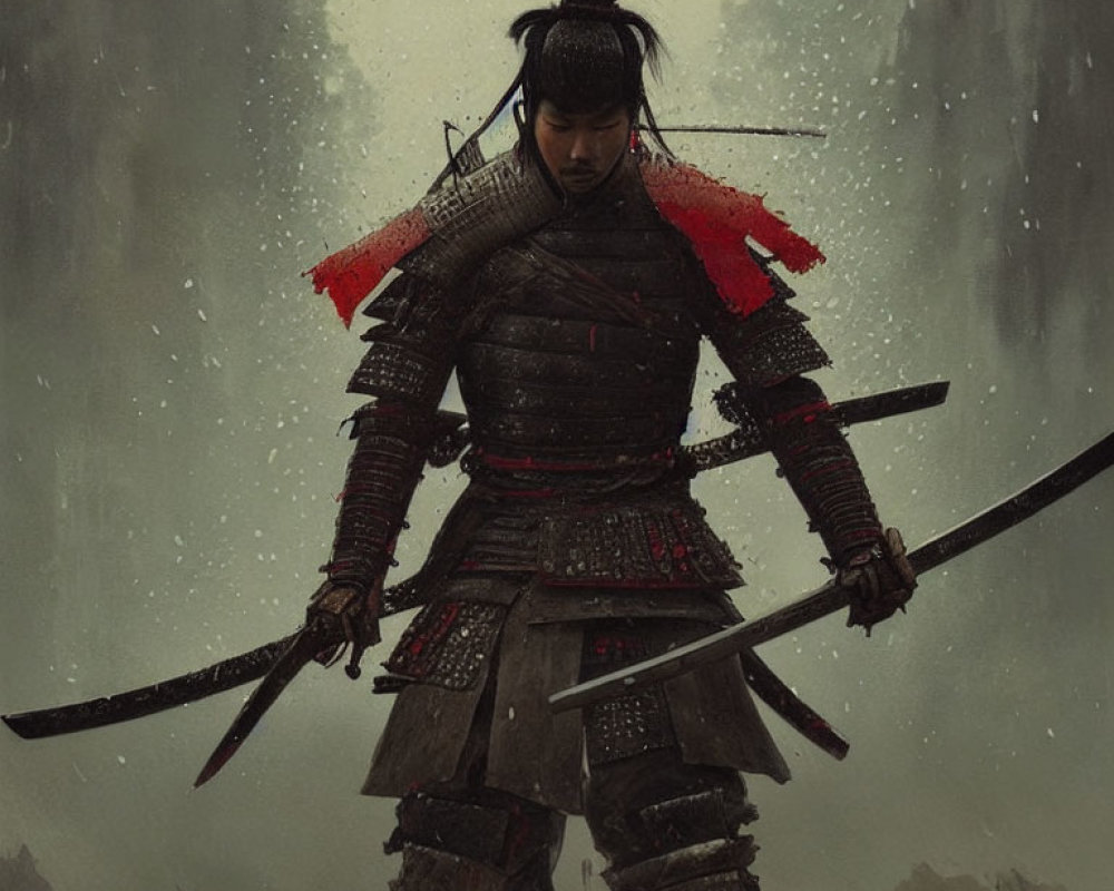 Traditional samurai warrior in red detailed armor with katana in misty backdrop