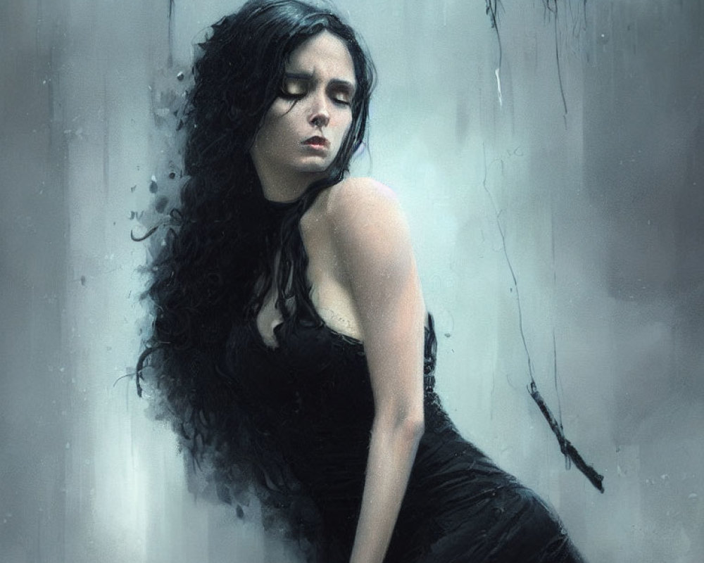 Dark-haired woman in black dress standing solemnly in misty setting.