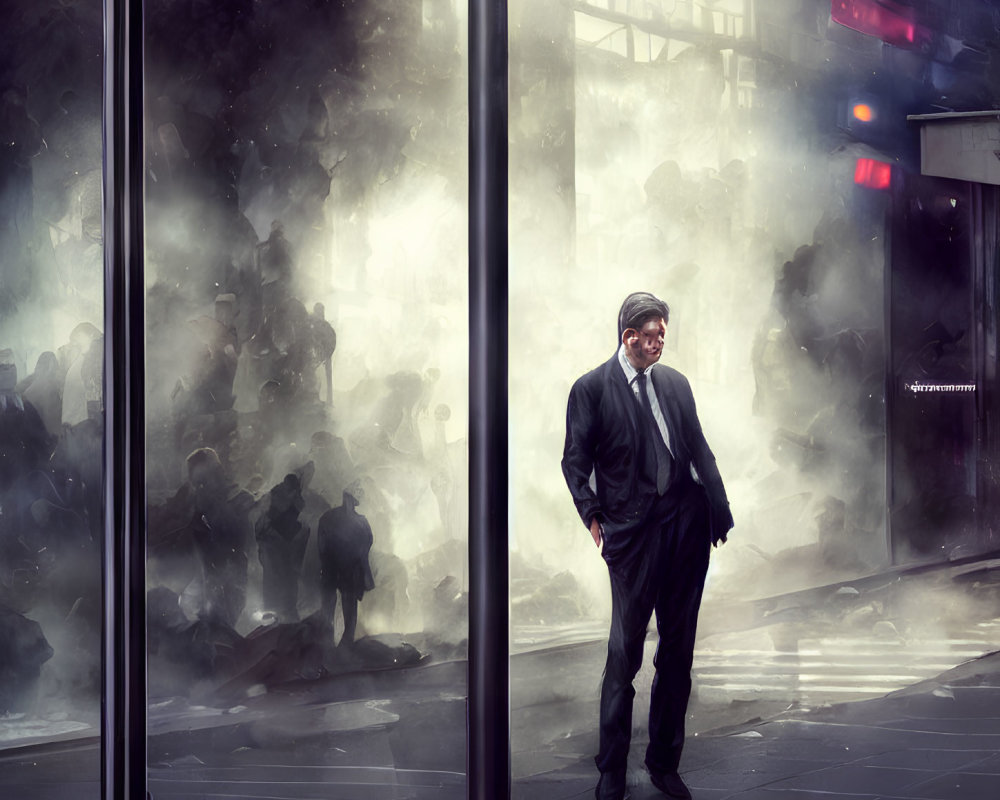 Man in Black Suit Smiling by Glass Pane with Hazy Crowd Reflection