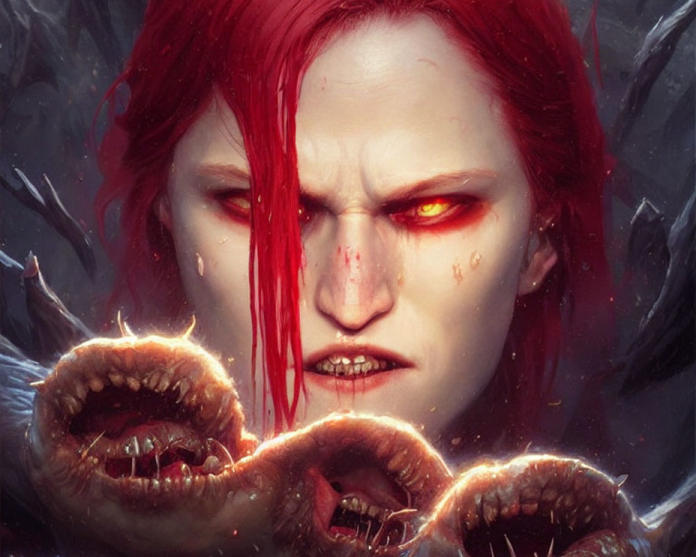 Red-haired individual with glowing red eyes and monstrous mouths with sharp teeth.