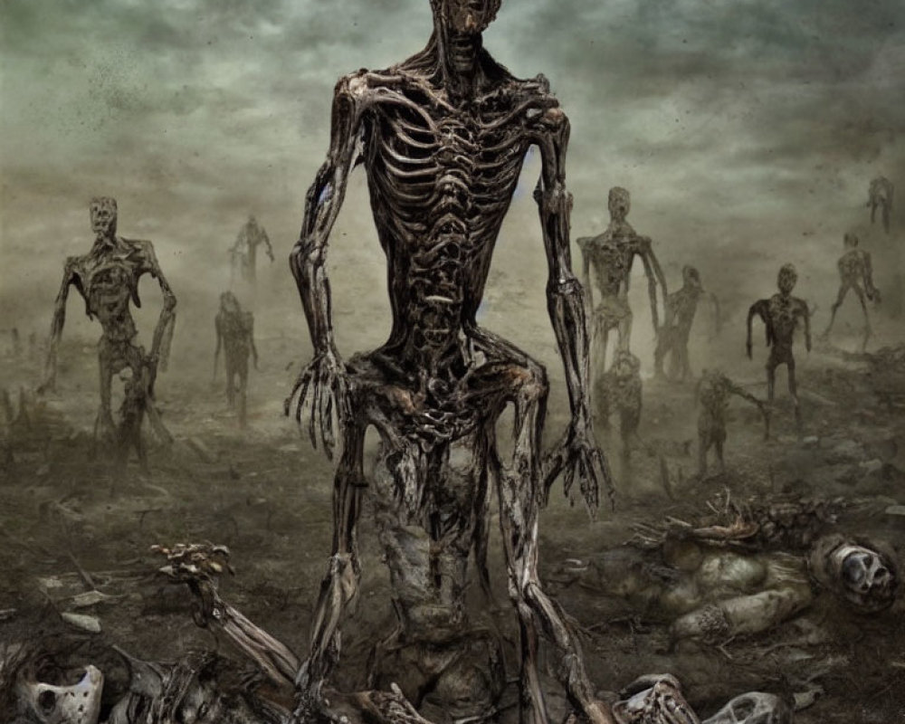 Apocalyptic landscape with skeletal figures and human remains