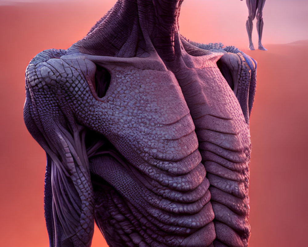 Close-up of large reptilian creature with humanoid figure against pinkish-orange sky