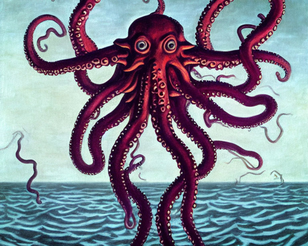 Colorful illustration of giant purple octopus in intense gaze against serene sea and sky