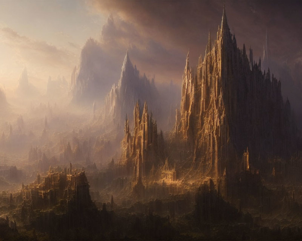 Majestic fantasy landscape with towering mountains in warm sunlight