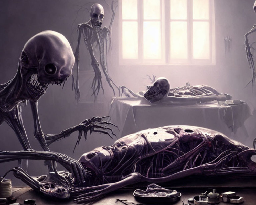 Skeletal creatures examining a corpse in eerie room