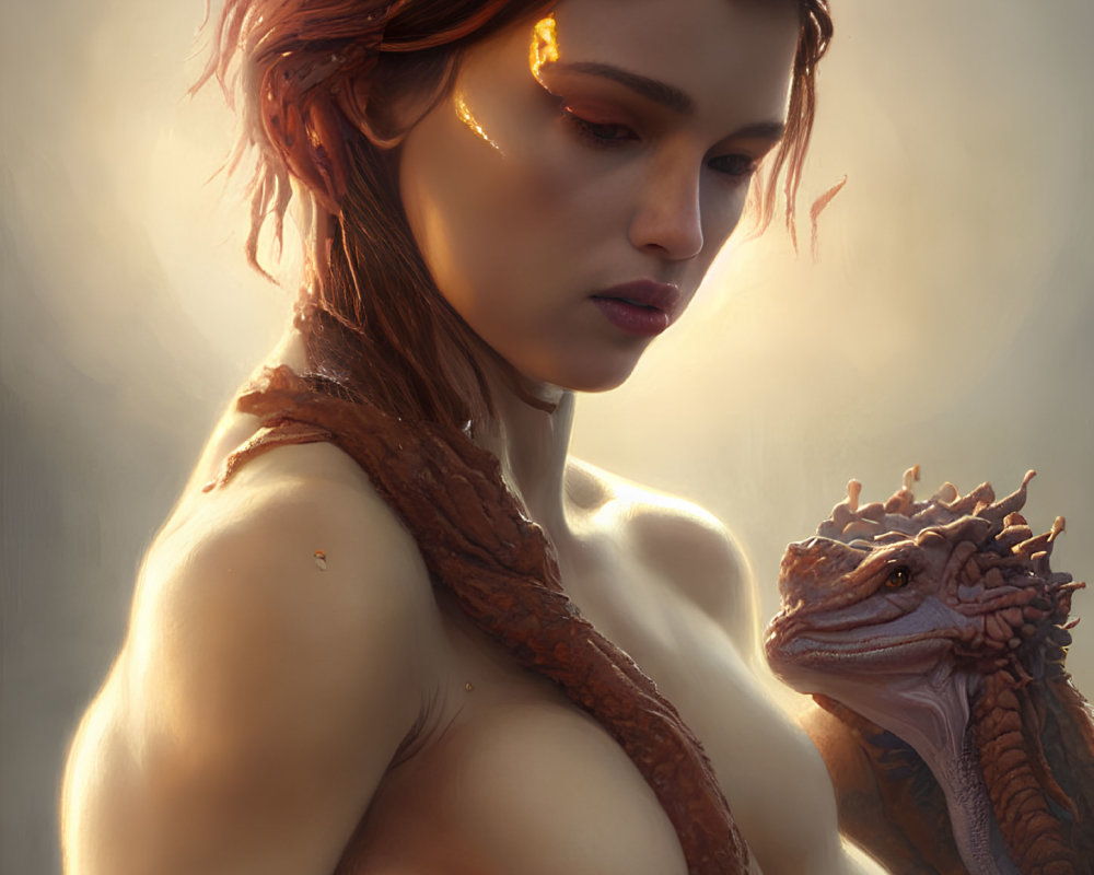 Fantasy-themed digital artwork with woman and small dragon