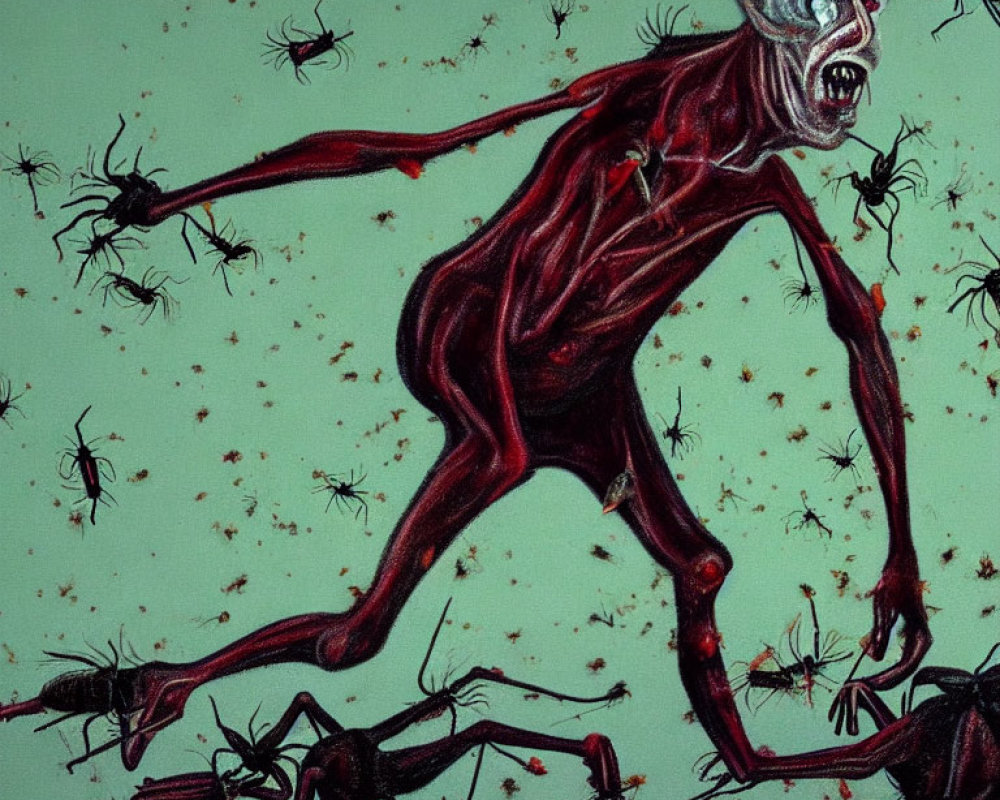 Elongated Limbed Creature with Screaming Face and Spiders on Teal Background