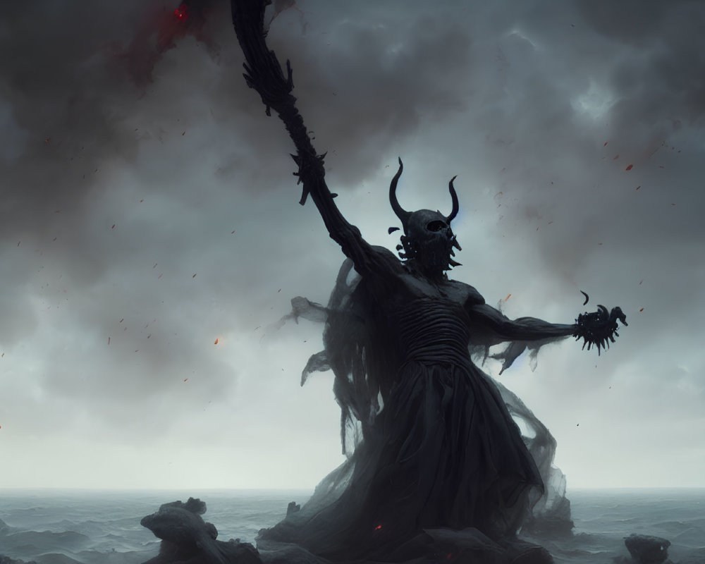 Dark figure with horns and red eyes in stormy seascape portrait.