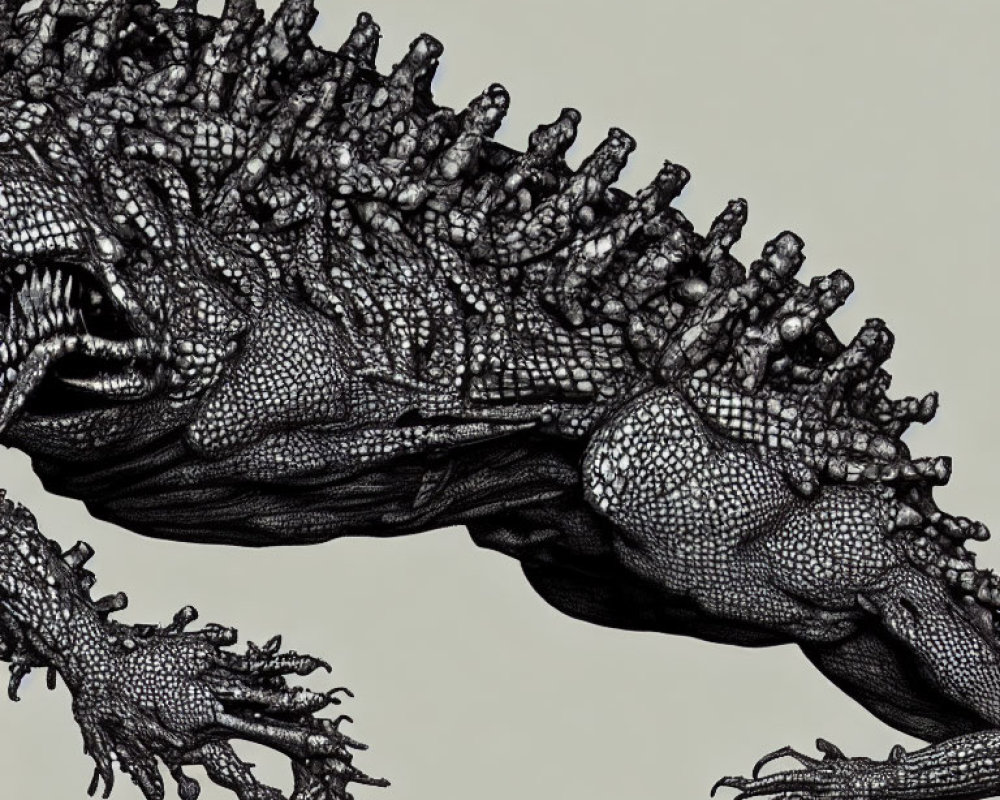 Detailed monochromatic illustration of fantastical creature with intricate scales and spiky protrusions