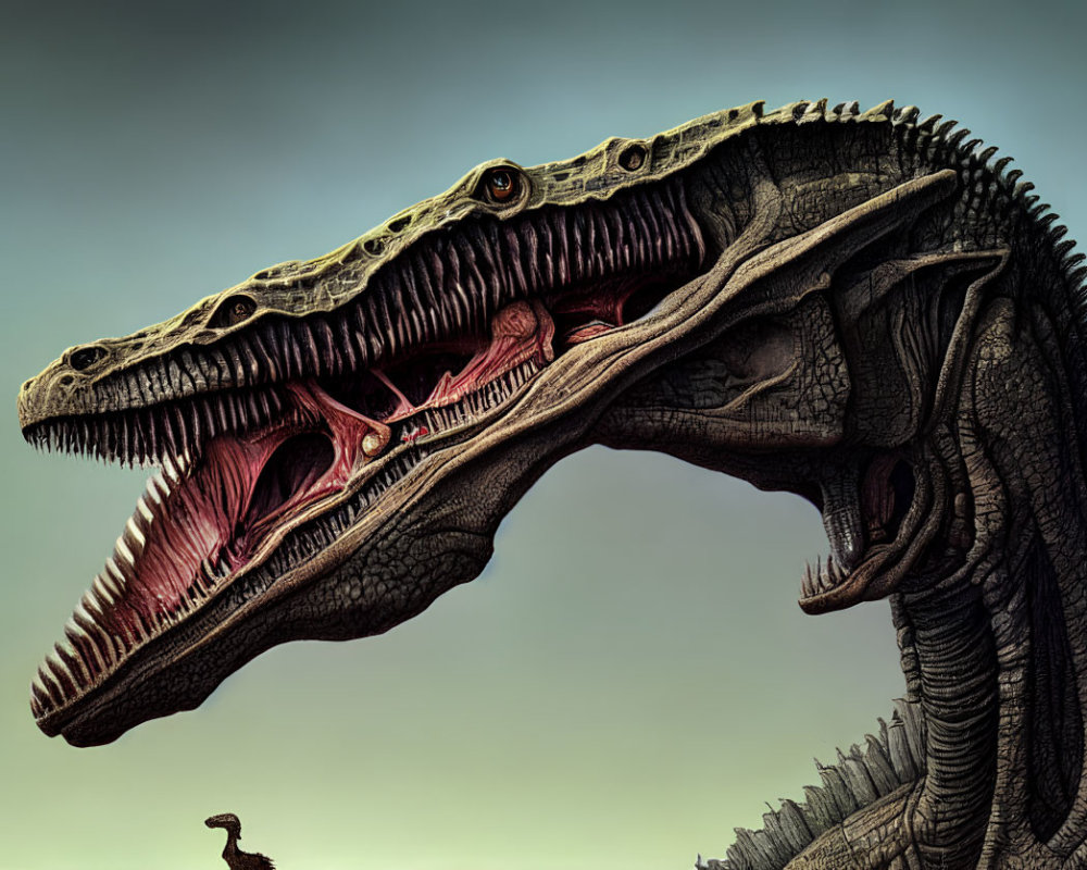 Realistic dinosaur head with open mouth and sharp teeth on gradient sky backdrop