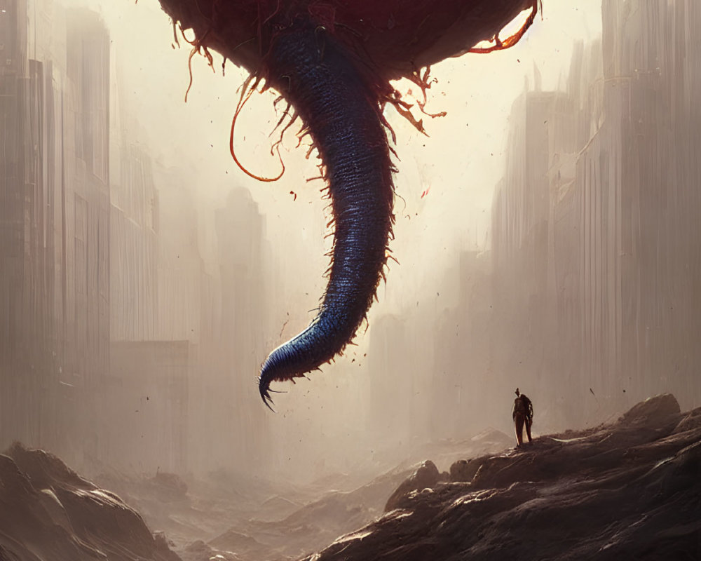 Gigantic tentacled creature looms over lone figure in desolate cityscape