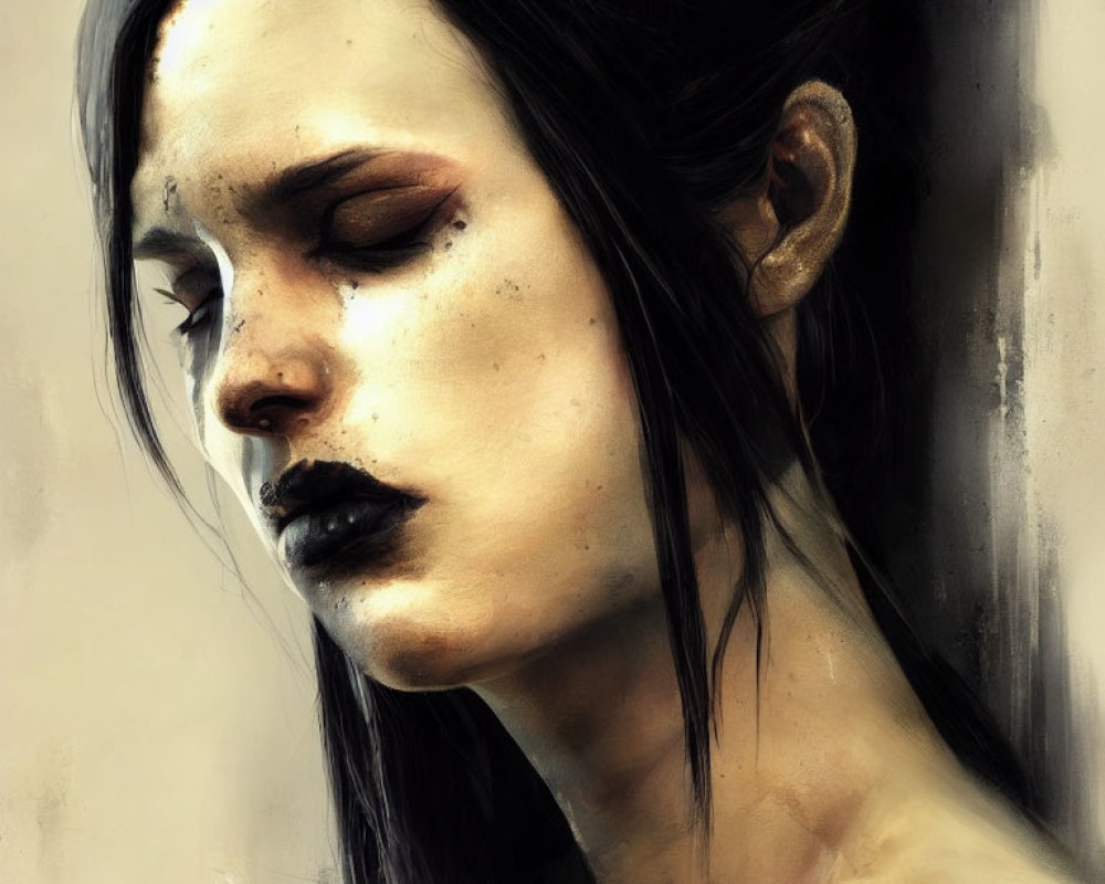 Digital painting of woman with pale skin and dark lips in somber setting