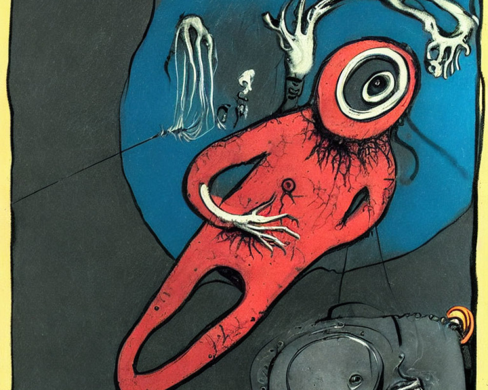 Surreal red creature with large eye and white hands in submarine-themed artwork