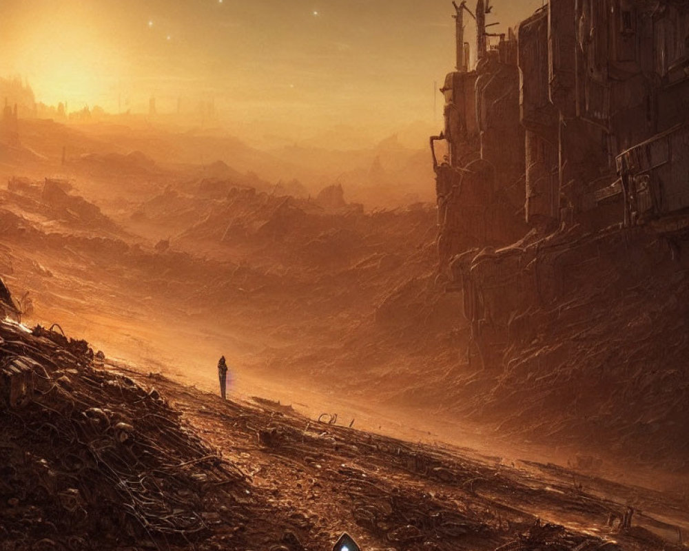 Dystopian landscape with lone figure and multiple suns glow