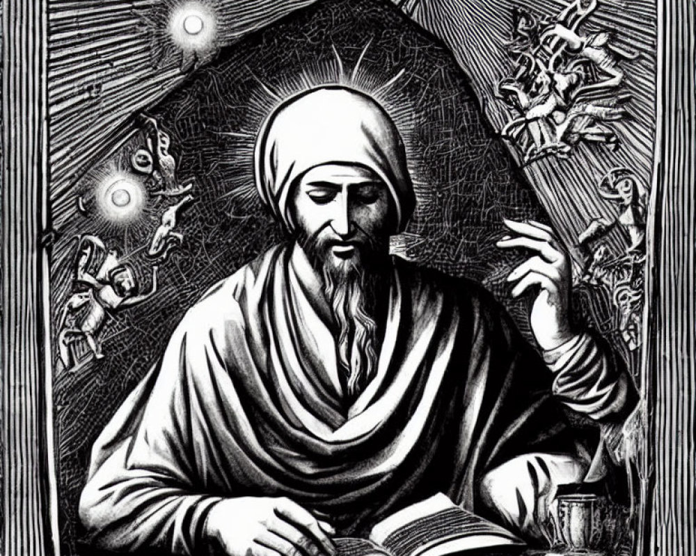 Monochrome illustration of scholar with turban reading book amid celestial and ethereal elements