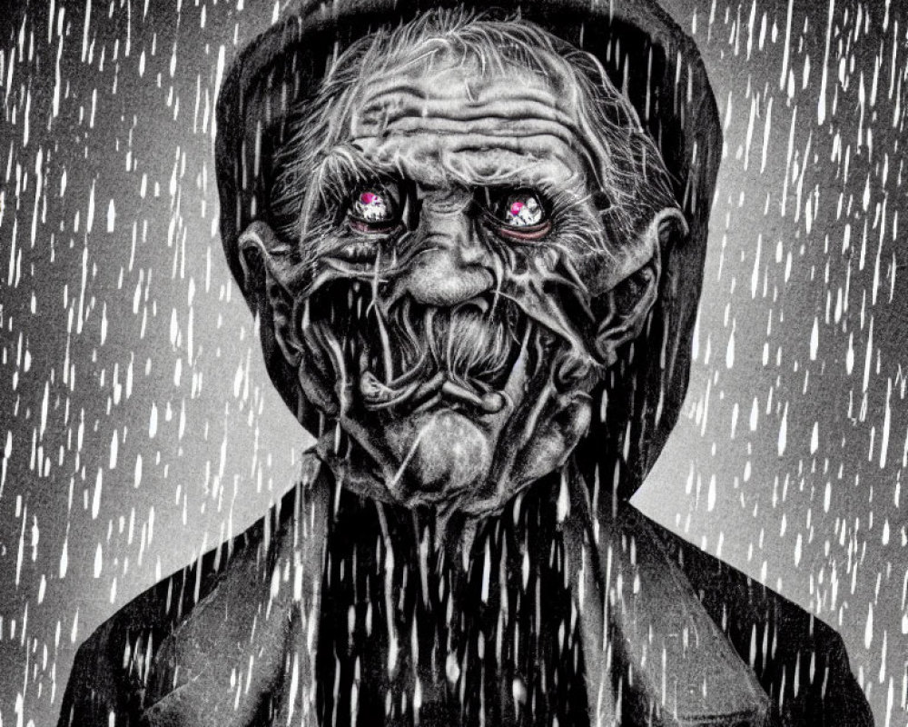 Monochrome image of elderly person with wrinkles and red eyes in rain