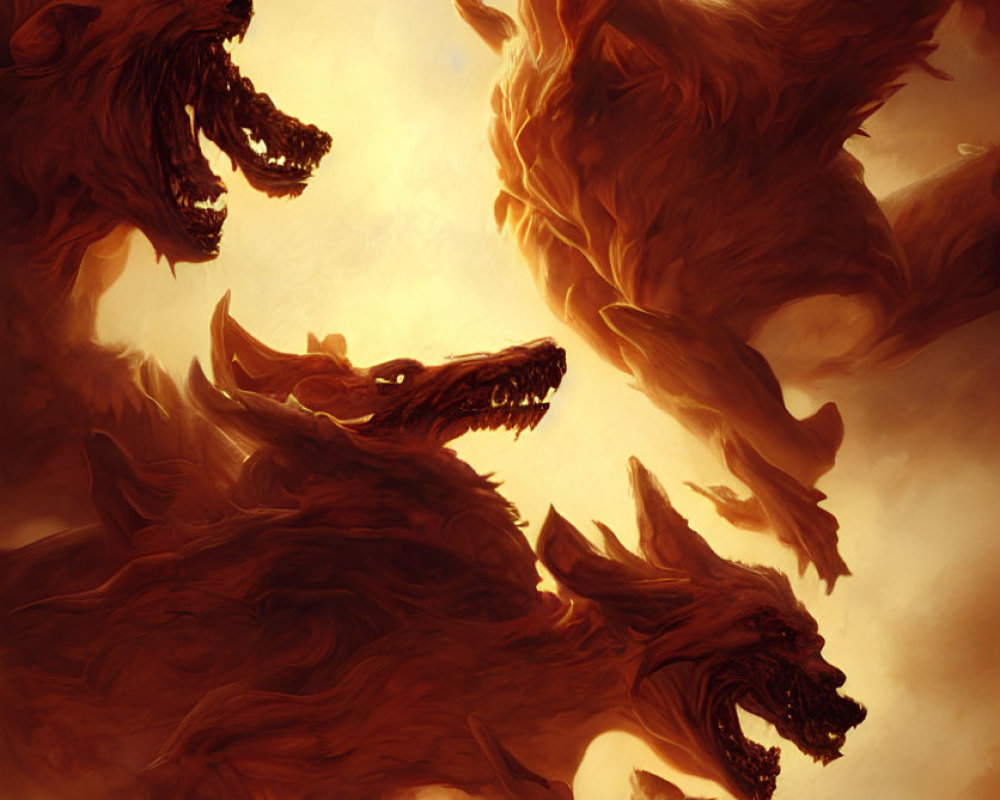 Illustration of Snarling Fire Beasts with Sharp Fangs