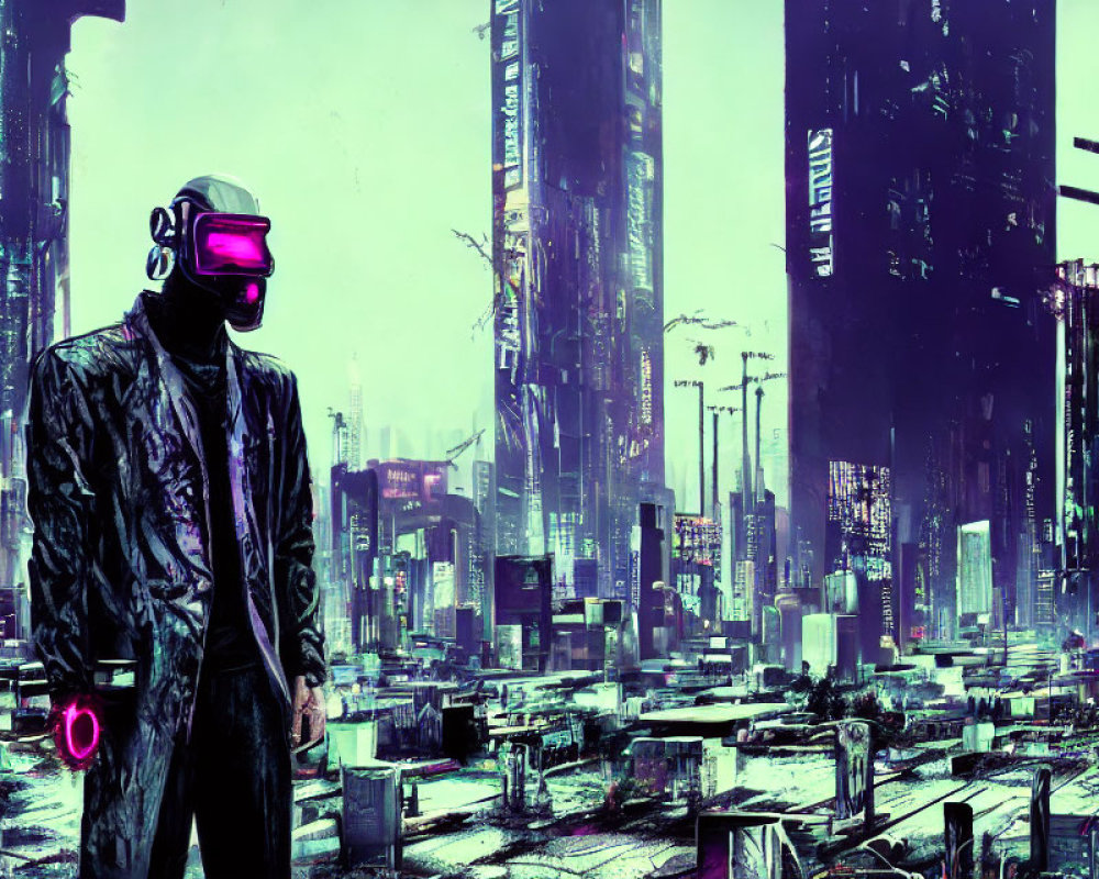 Futuristic figure in cyberpunk cityscape with neon lights