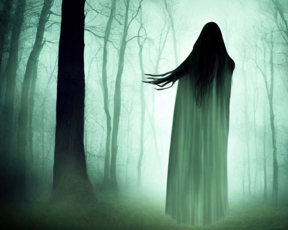 Mysterious figure with long hair in misty forest landscape