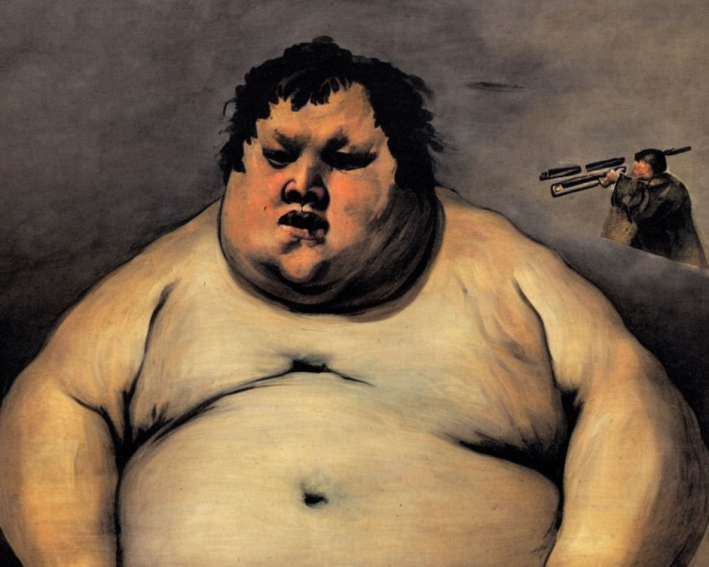 Overweight man with grim expression targeted by blowpipe in painting