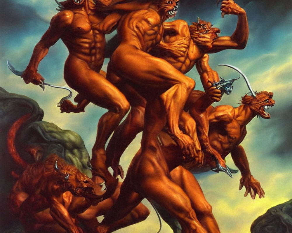 Muscular humanoid figures with feline heads in dynamic poses against stormy background.