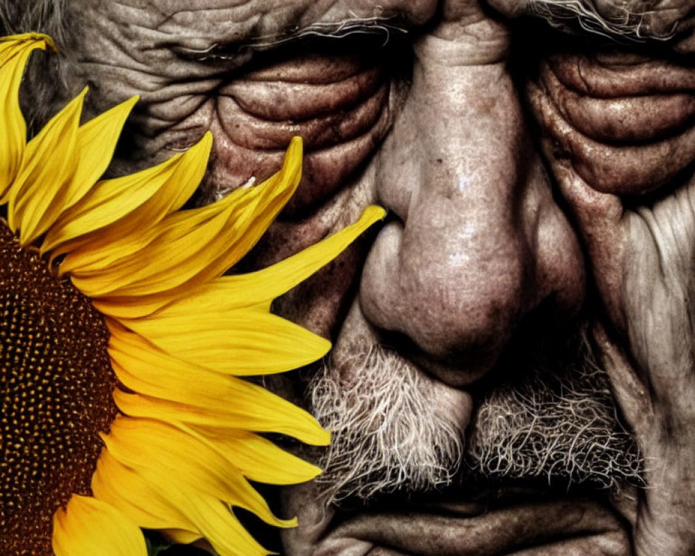 Elderly person with wrinkled skin and white mustache beside yellow sunflower