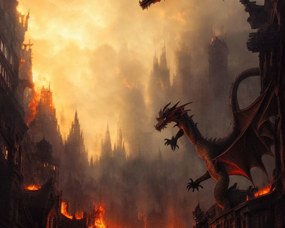 Majestic dragon over burning medieval city under orange sky