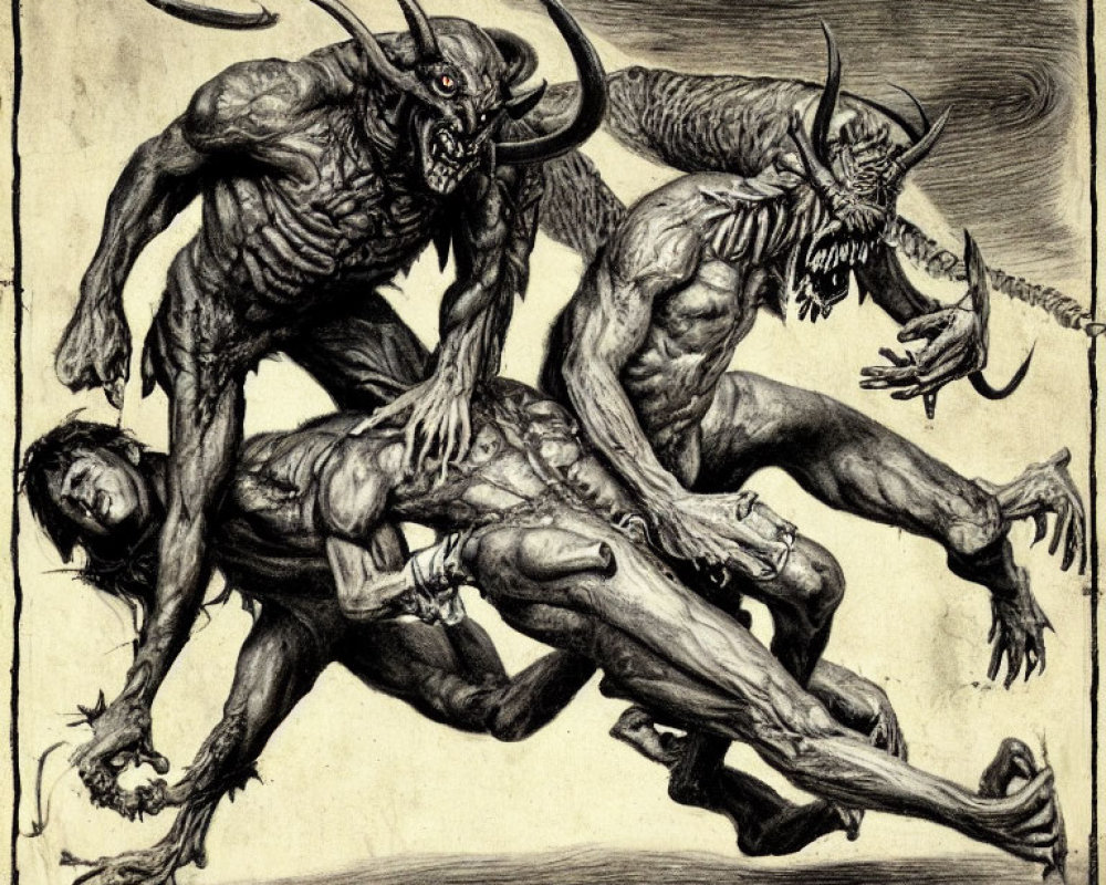 Sinister horned creatures intimidating a defeated human in artwork