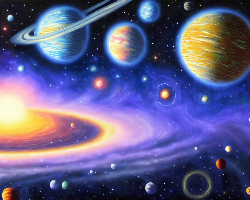 Colorful cosmic scene with planets, sun, galaxies, and stars.