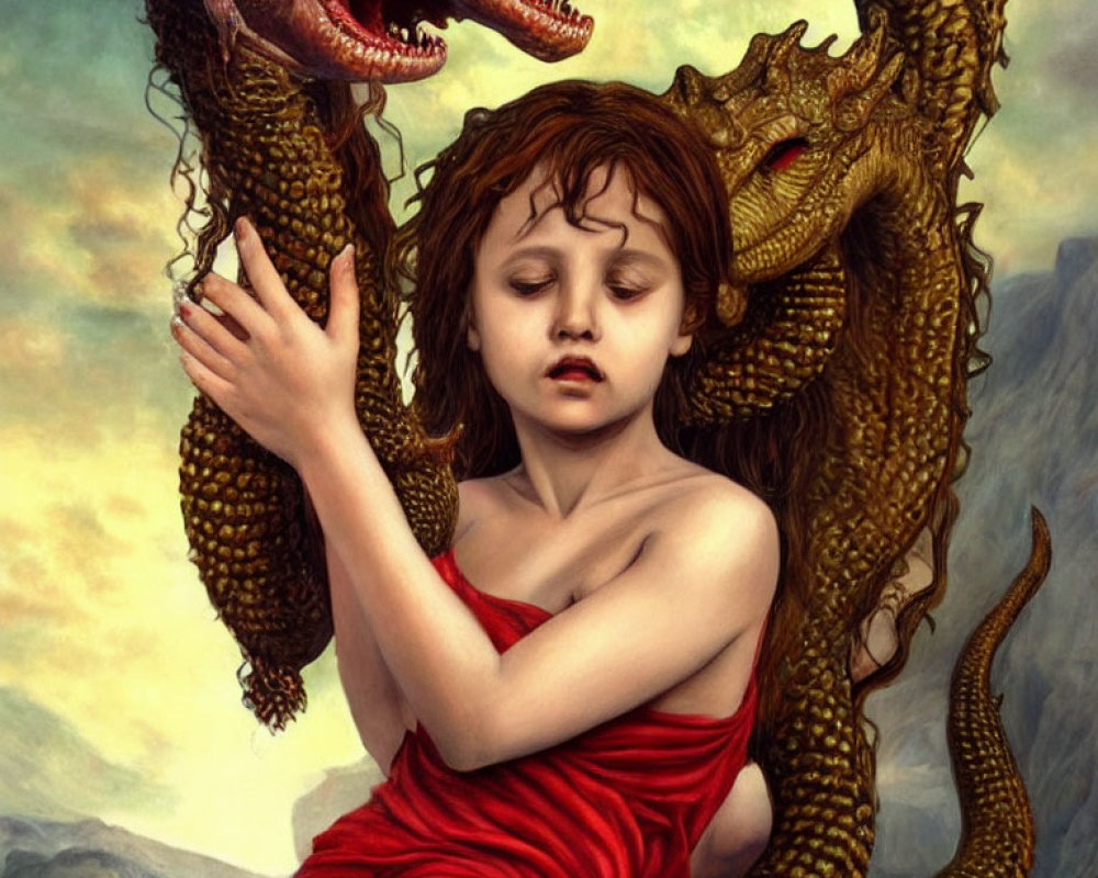 Girl in red dress embraces multi-headed serpent in front of cloudy sky