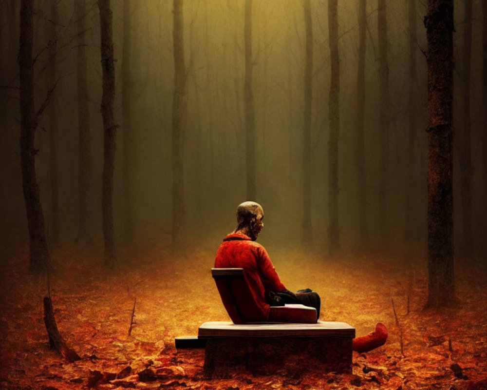 Person in Red Jacket Sitting on Bench in Foggy Autumn Forest with Golden Leaves