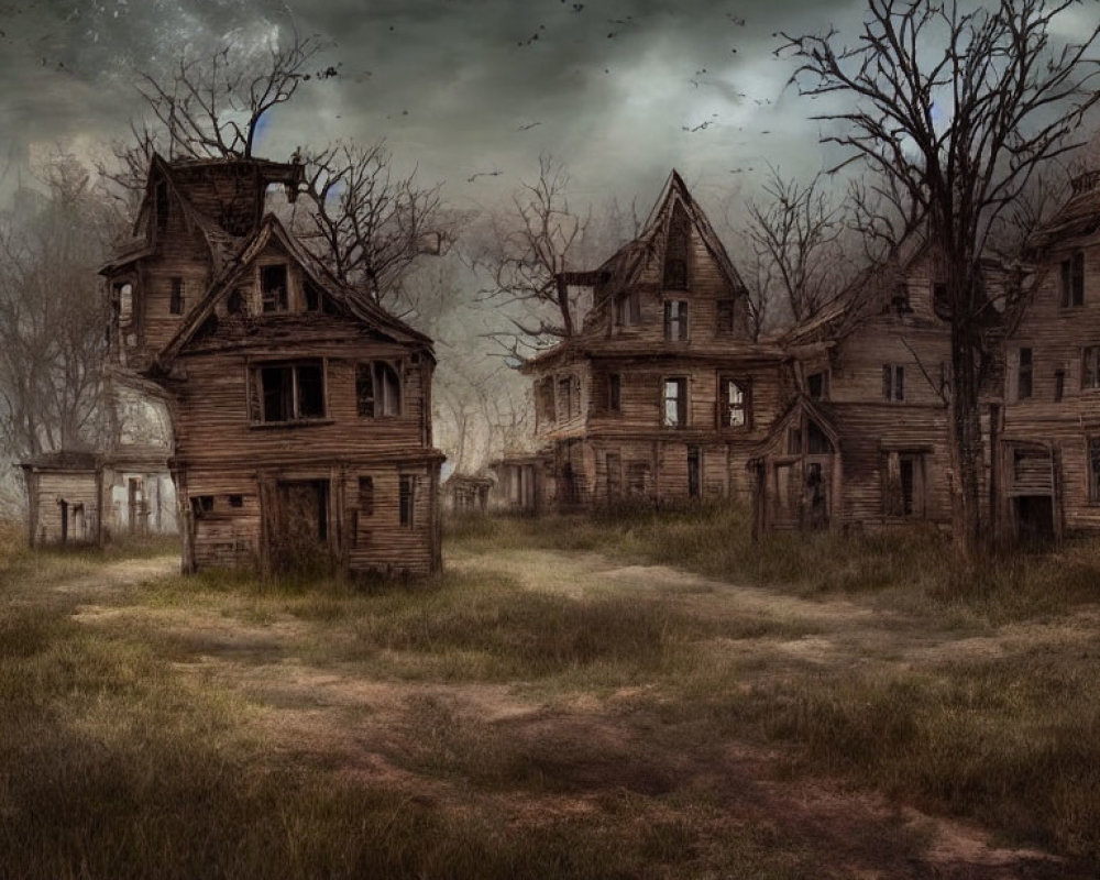 Cluster of Abandoned Wooden Houses in Gloomy Landscape