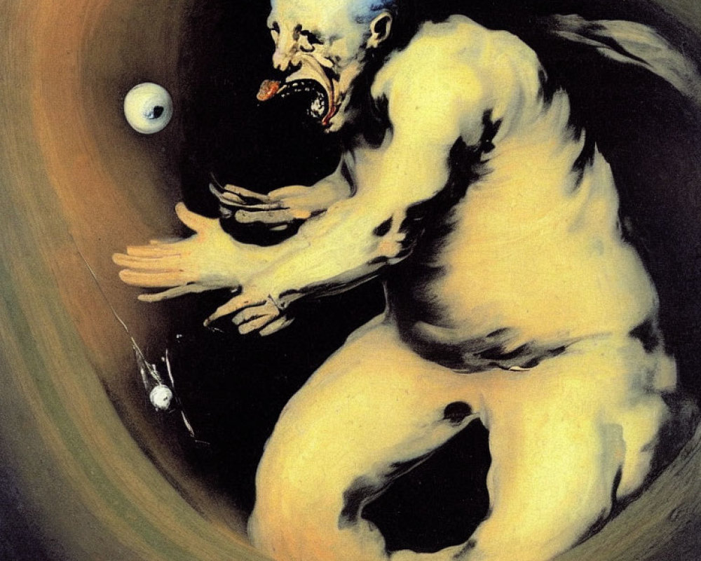 Grotesque figure surrounded by floating eyes in surreal painting